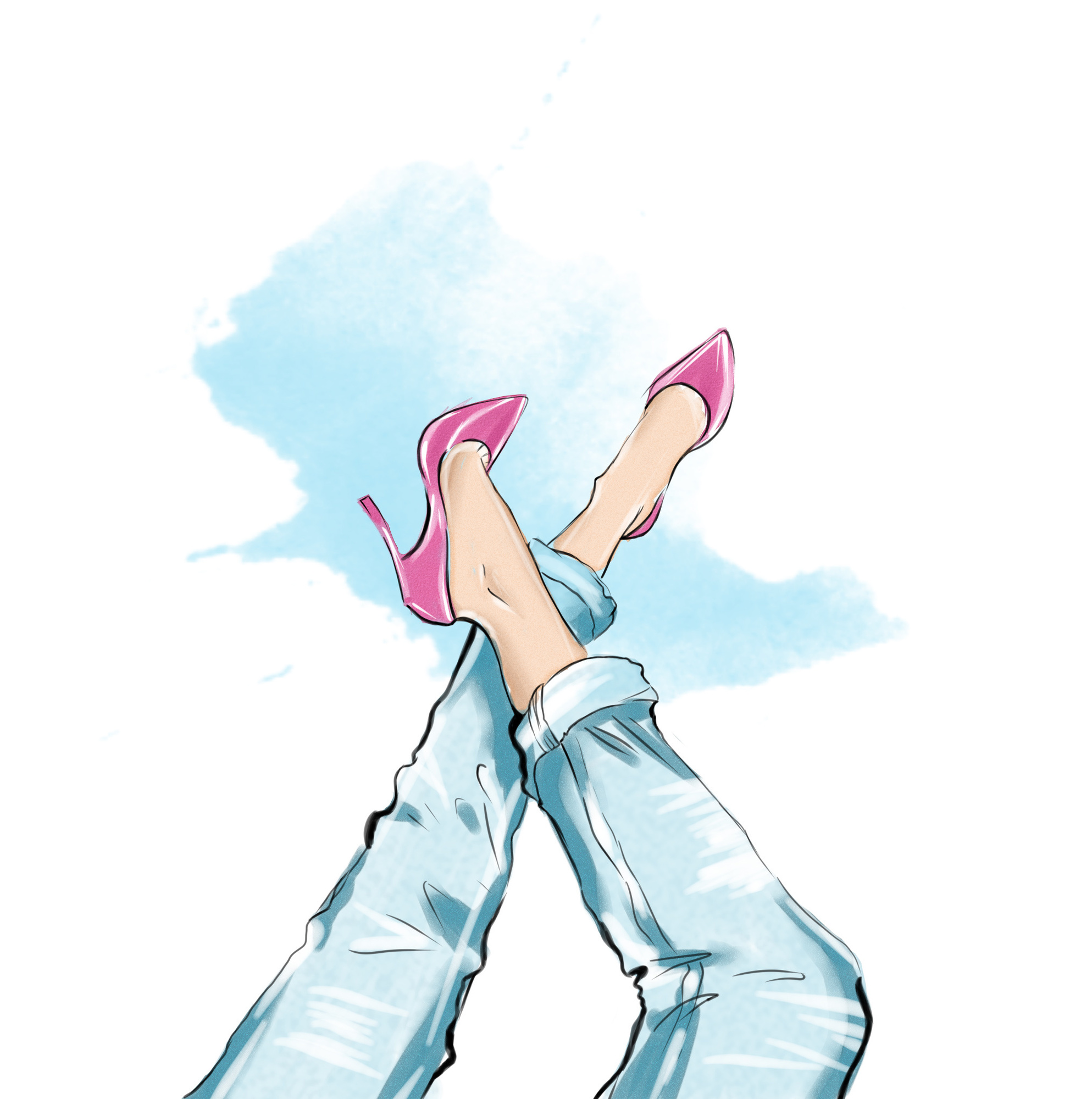 Рисунок девушки в джинсах акварель